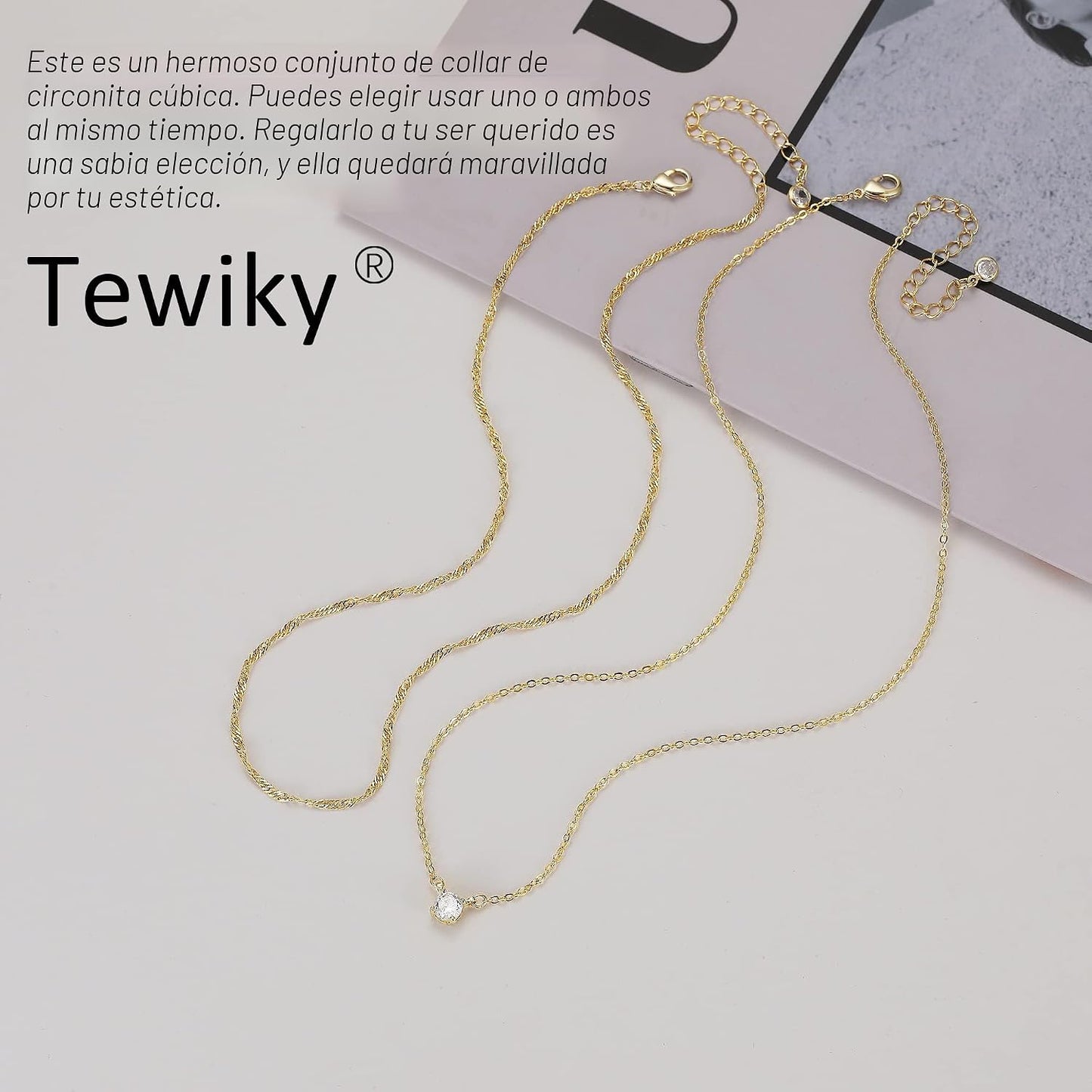 Tewiky delicados collares chapados en oro de 14 quilates con circon...