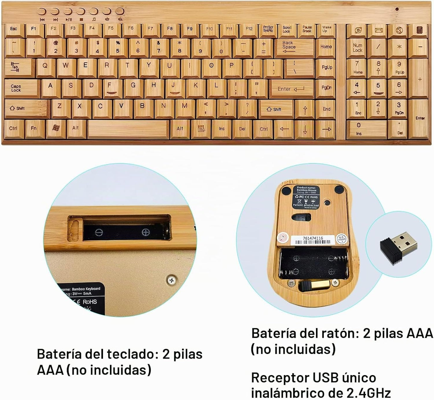 Smart Tech Combo de teclado y mouse inalámbricos de bambú natural d...