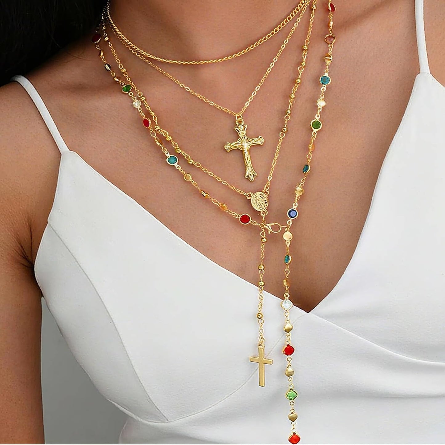 4 piezas de collares de cruz dorados en capas para mujer, modernos,...