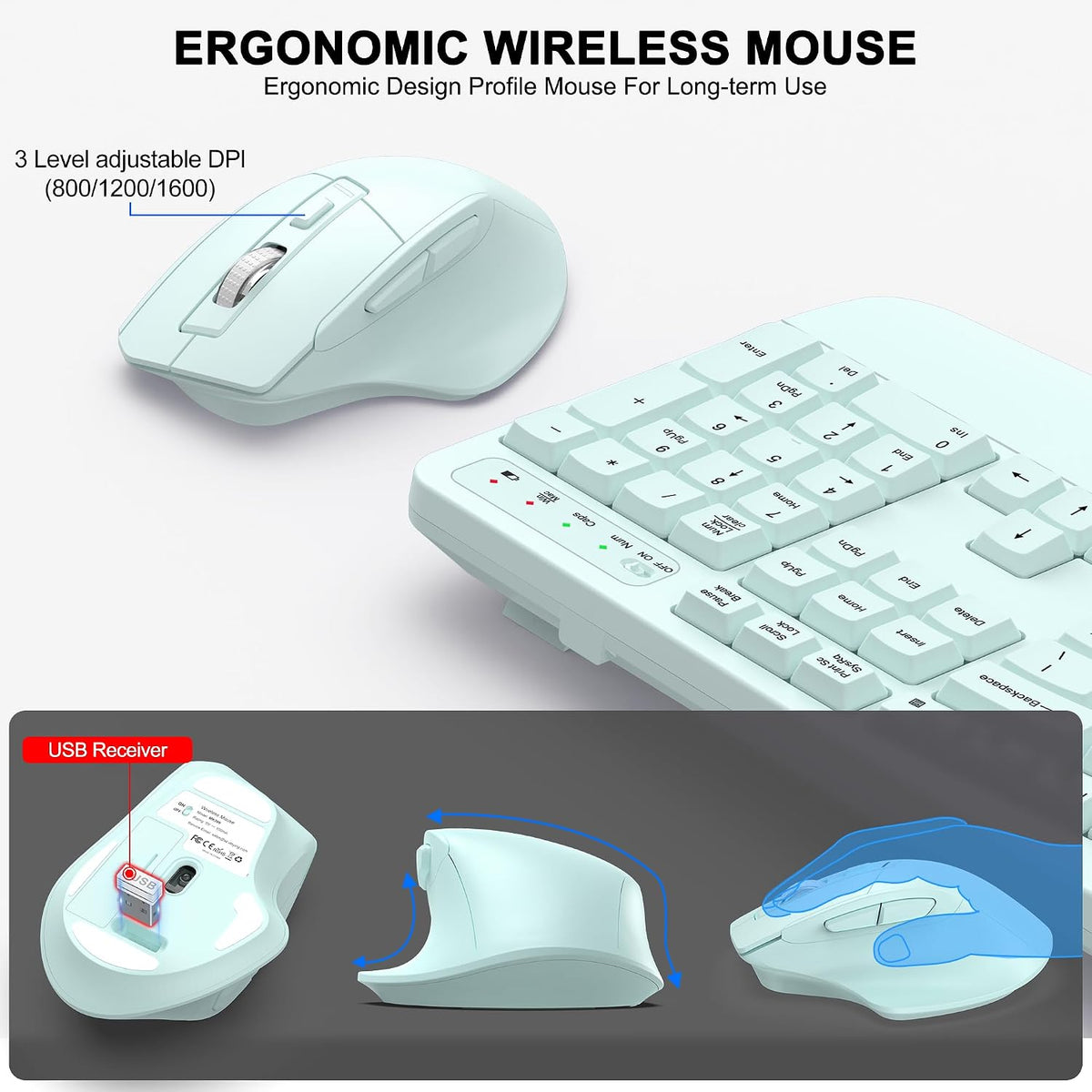 Combo de teclado y mouse inalámbricos, teclas onduladas de tamaño c...