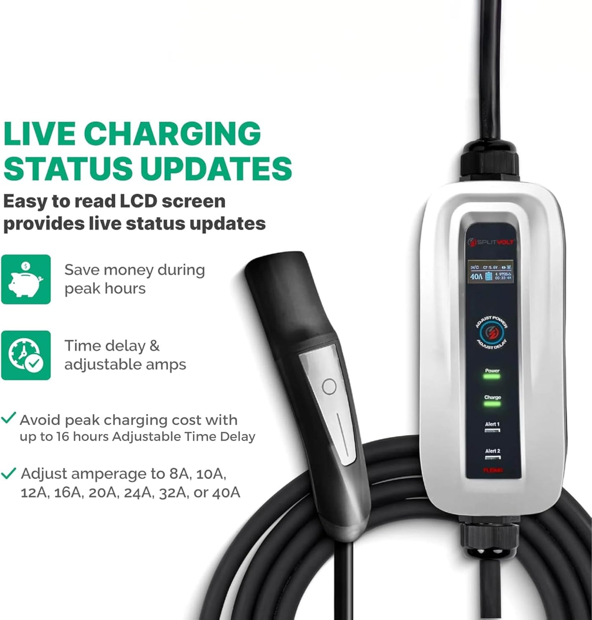 Splitvolt Cargador EV Ajustable de Nivel 2 240v, Cable de 26 pies,...