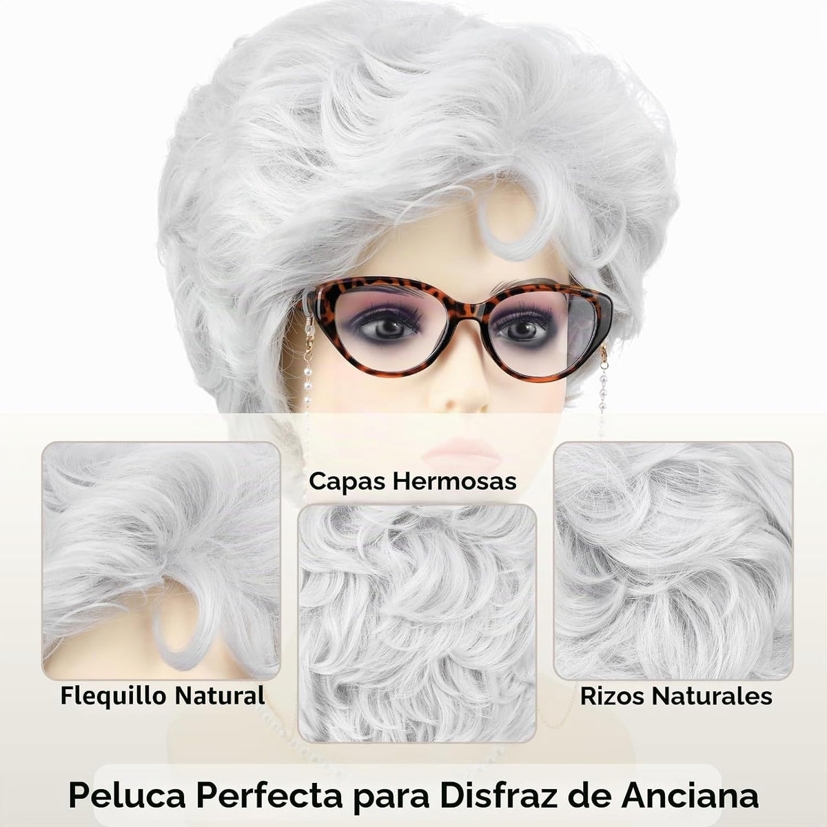 PUREHAIR Peluca de disfraz de anciana blanca para mujer con gafas,...