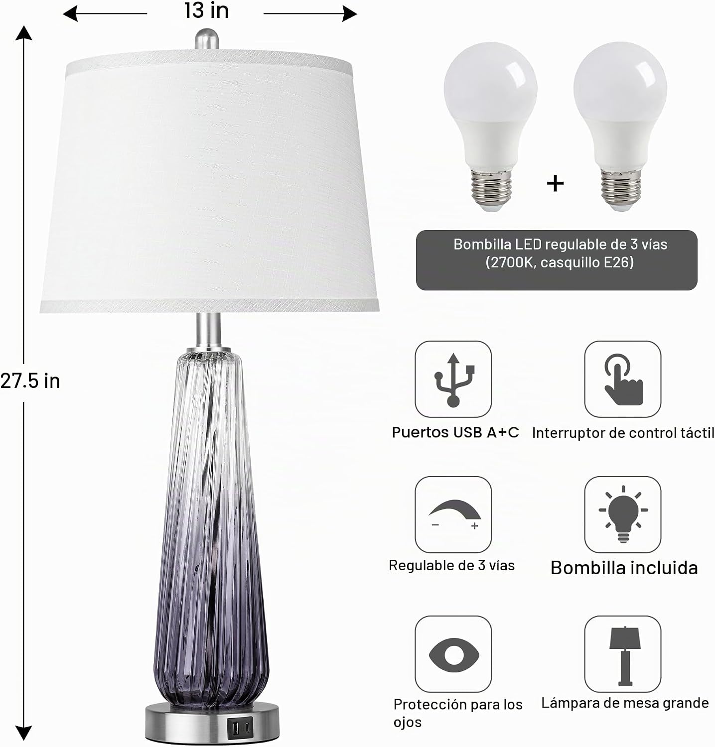 Juego de 2 lámparas de mesa de vidrio, lámparas de noche modernas p...