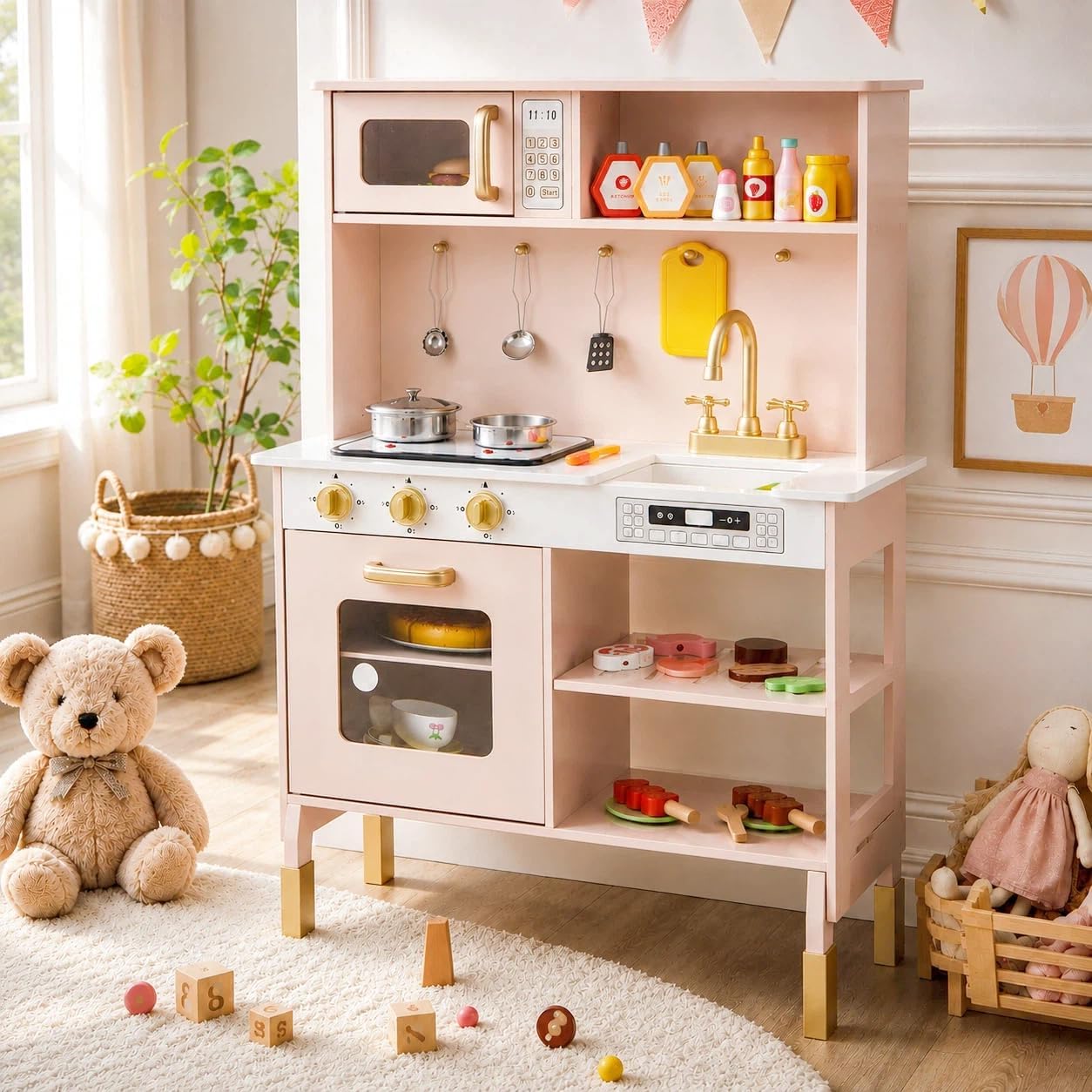 HONEY JOY Juego de cocina para niños, cocina de madera para niños p...