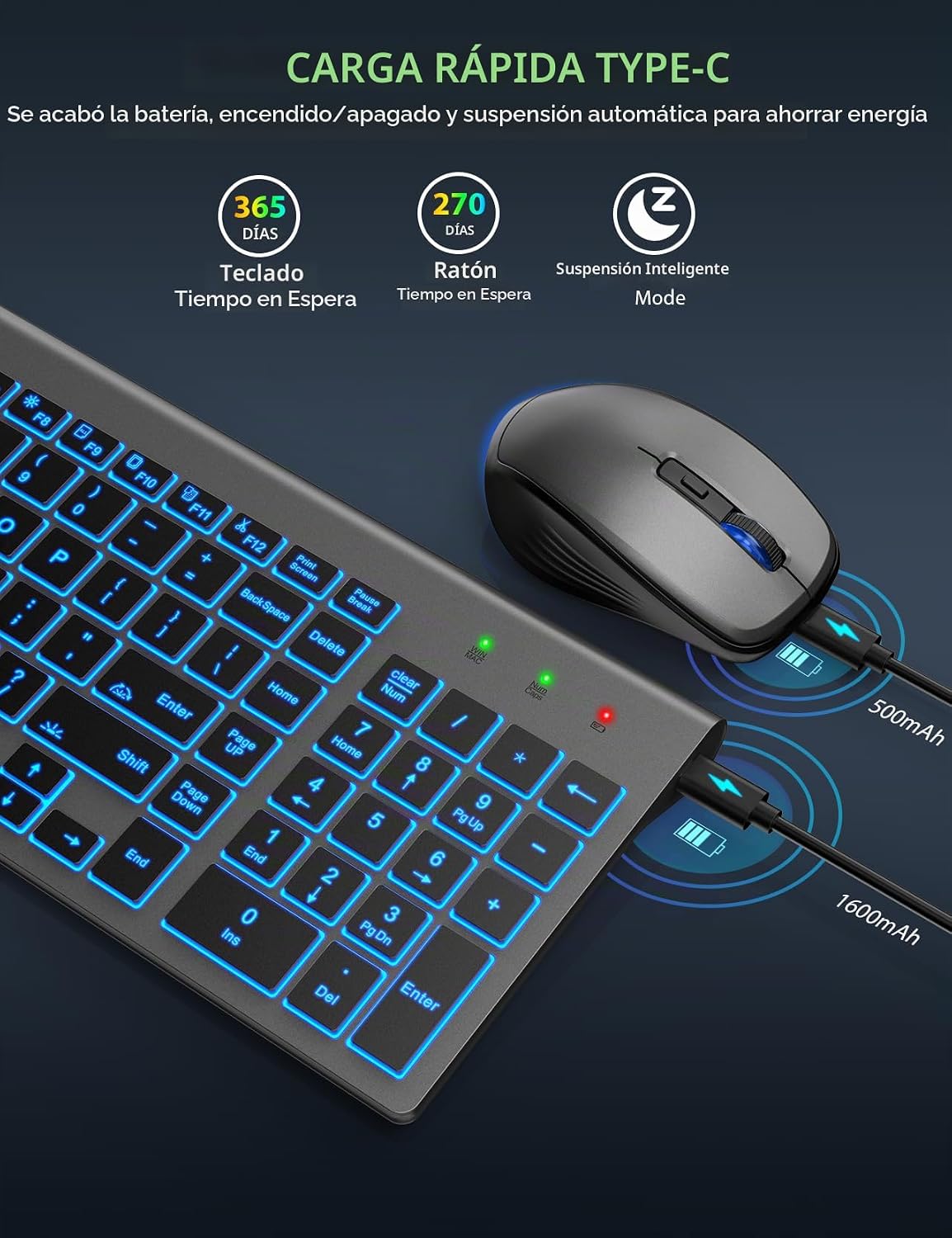 SABLUTE Combo de Teclado y Ratón Inalámbrico con Retroiluminación -...