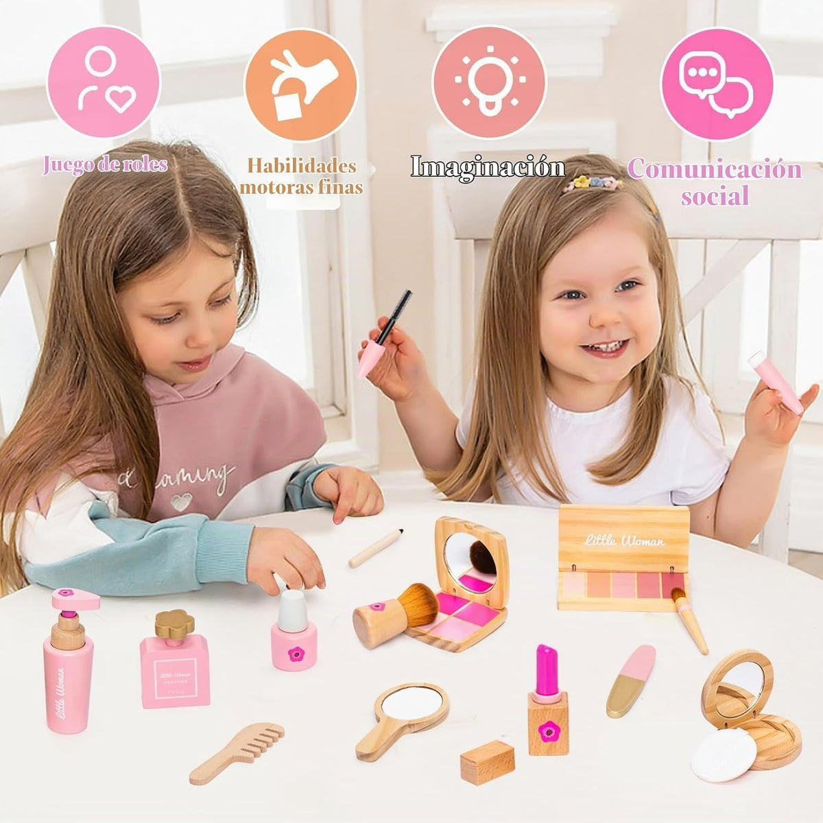 Juego de juguetes de maquillaje de madera para niñas, kit de maquil...