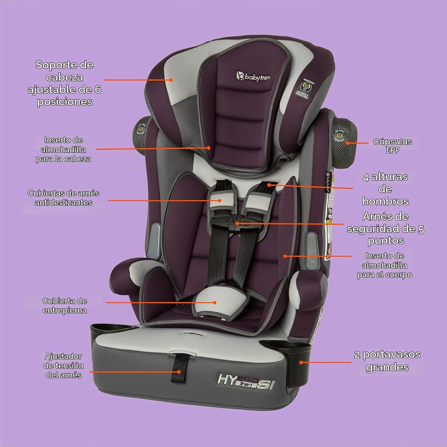 Baby Trend Hybrid SI - Asiento elevador combinado 3 en 1 con protec...