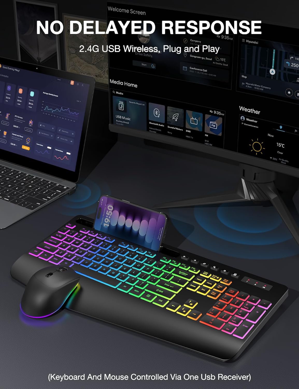 SABLUTE Combo de teclado y mouse inalámbricos: 9 efectos retroilumi...