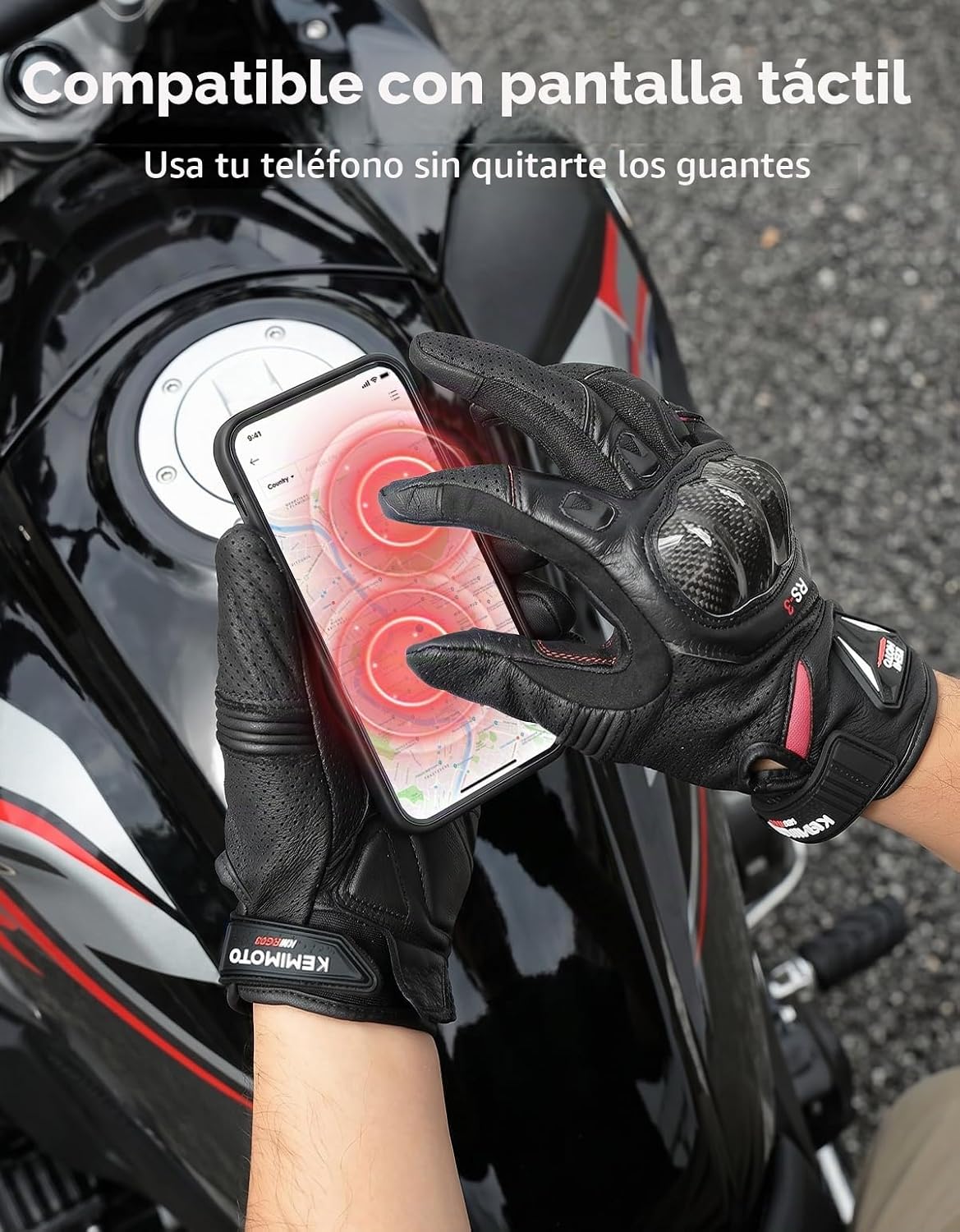 KEMIMOTO Guantes de Cuero de Piel de Oveja para Motocicleta para Ho...