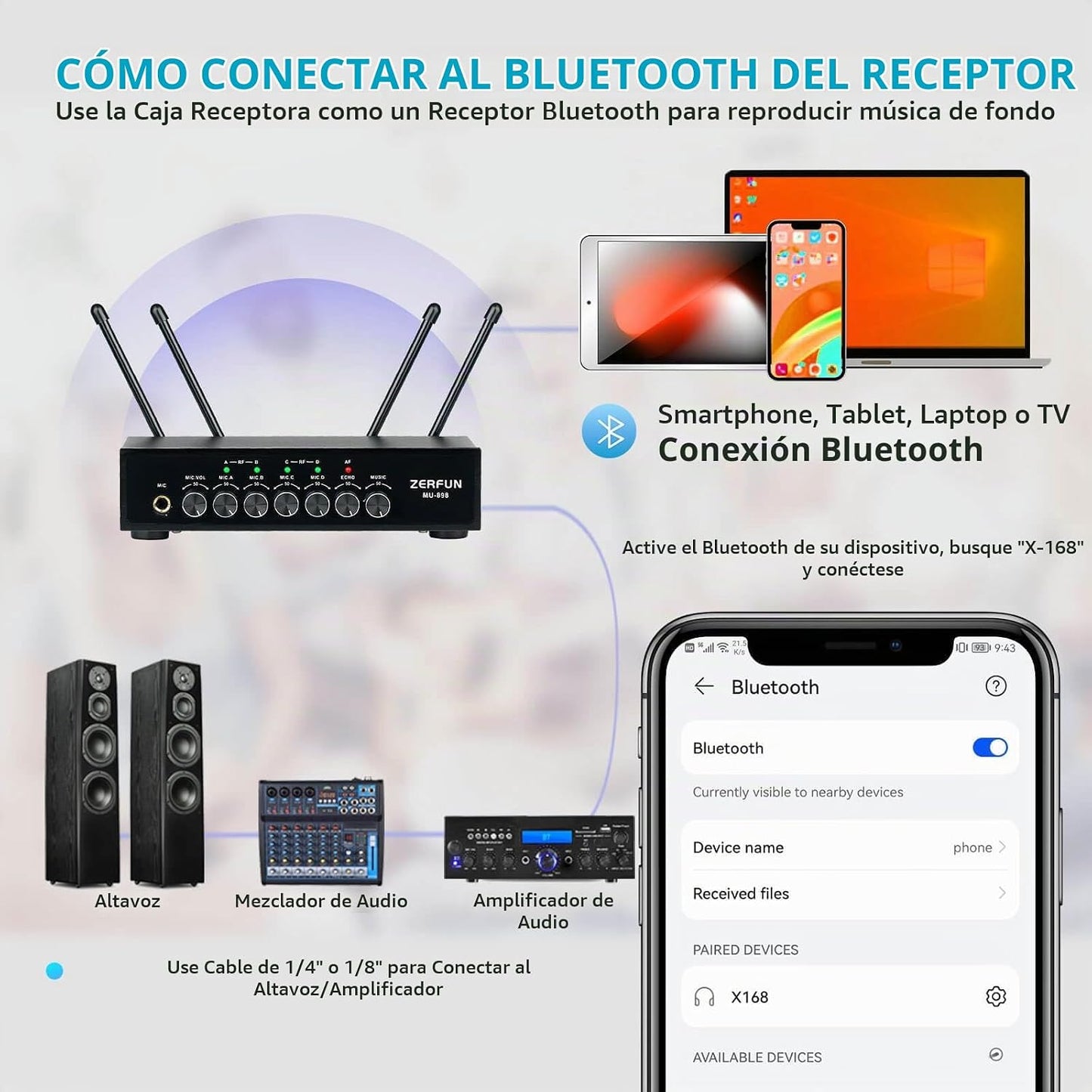 ZERFUN Sistema de Micrófono Inalámbrico Recargable de 4 Canales, Mi...