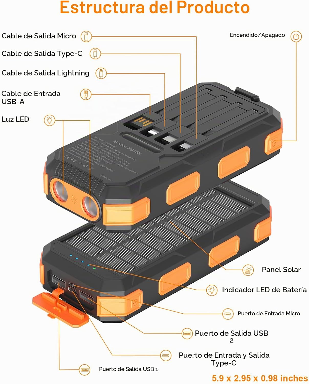 Banco de energía solar de 38800 mAh, cargador portátil, 4 cables, 4...