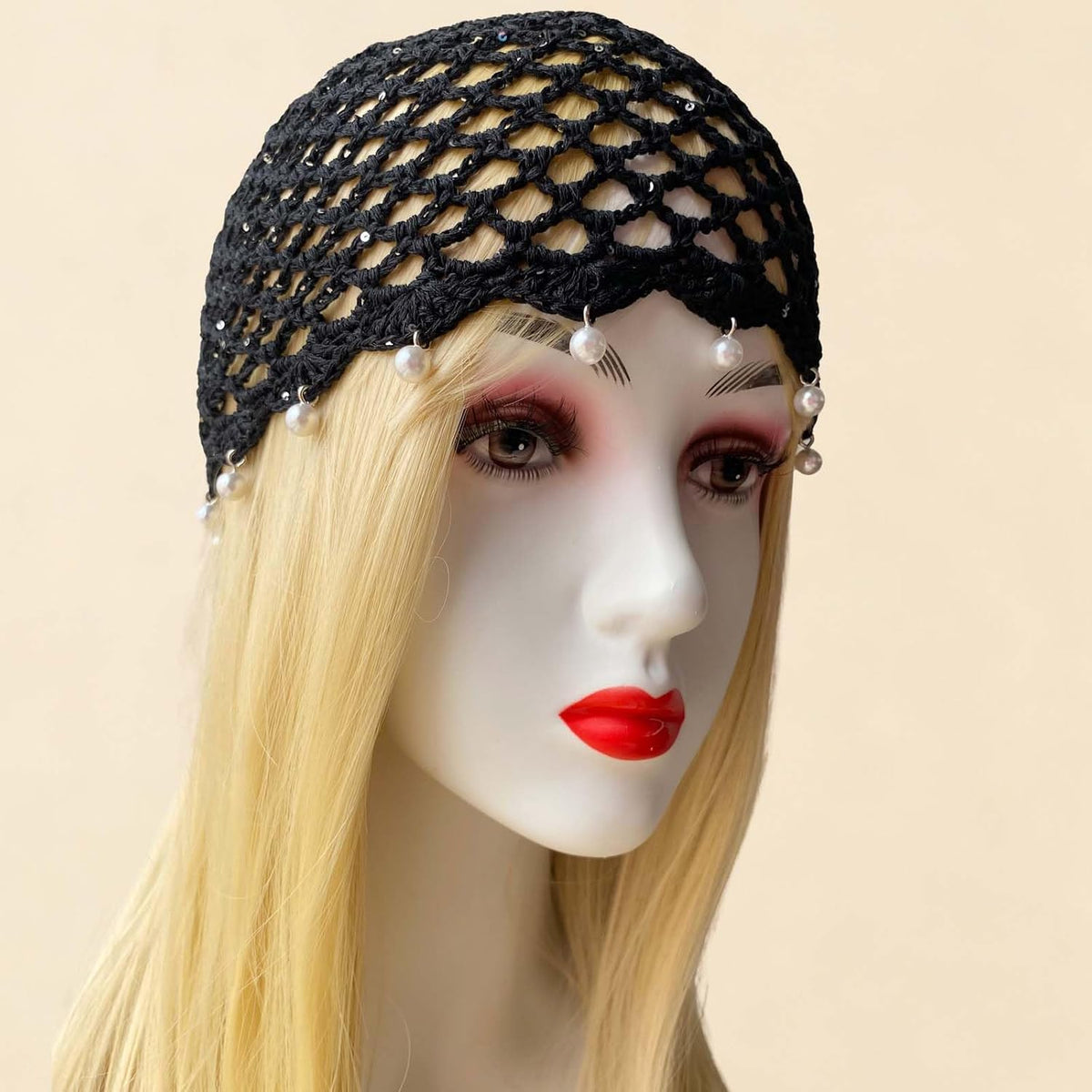 Qkxbxk Gorro de punto hueco con lentejuelas y perlas para mujer, es...