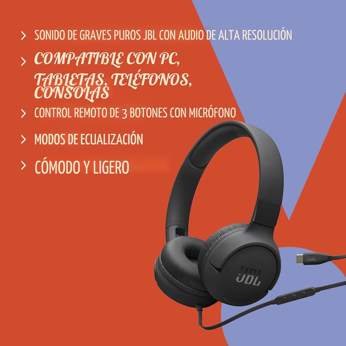 JBL Tune 520C - Auriculares supraaurales con cable USB-C con soport...