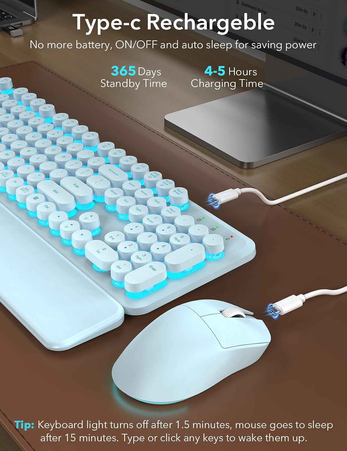 Teclado inalámbrico y mouse retroiluminados, teclado de máquina de...