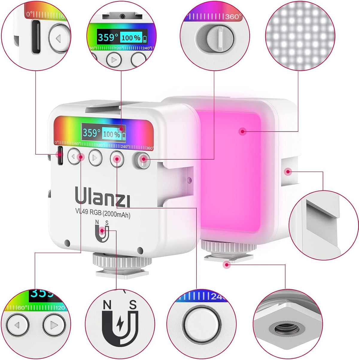 ULANZI VL49 luces de vídeo RGB blancas, luz de cámara LED 360° a to...