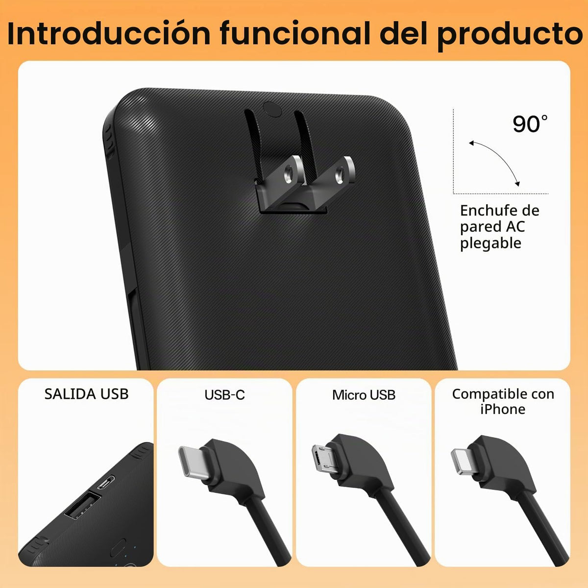 Cargador portátil con cables integrados y enchufe de pared de CA, b...