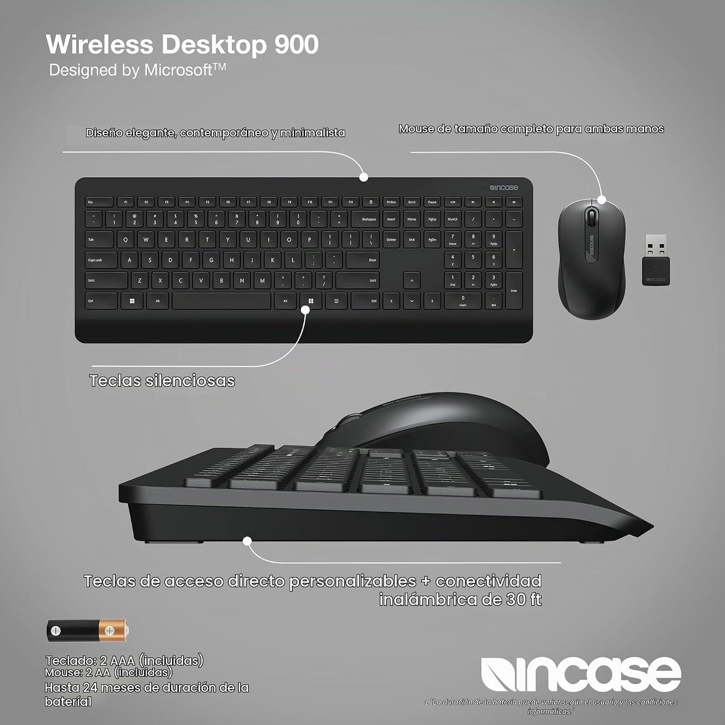 Incase Combo de teclado y mouse de escritorio inalámbrico 900, dise...