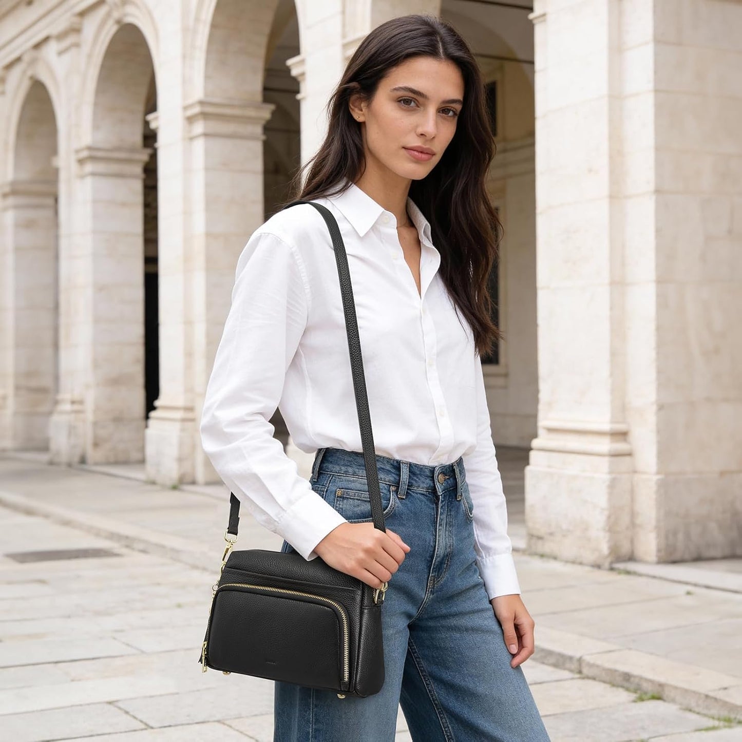 Kattee Bolso cruzado de cuero para mujer, pequeño, antirrobo, con c...