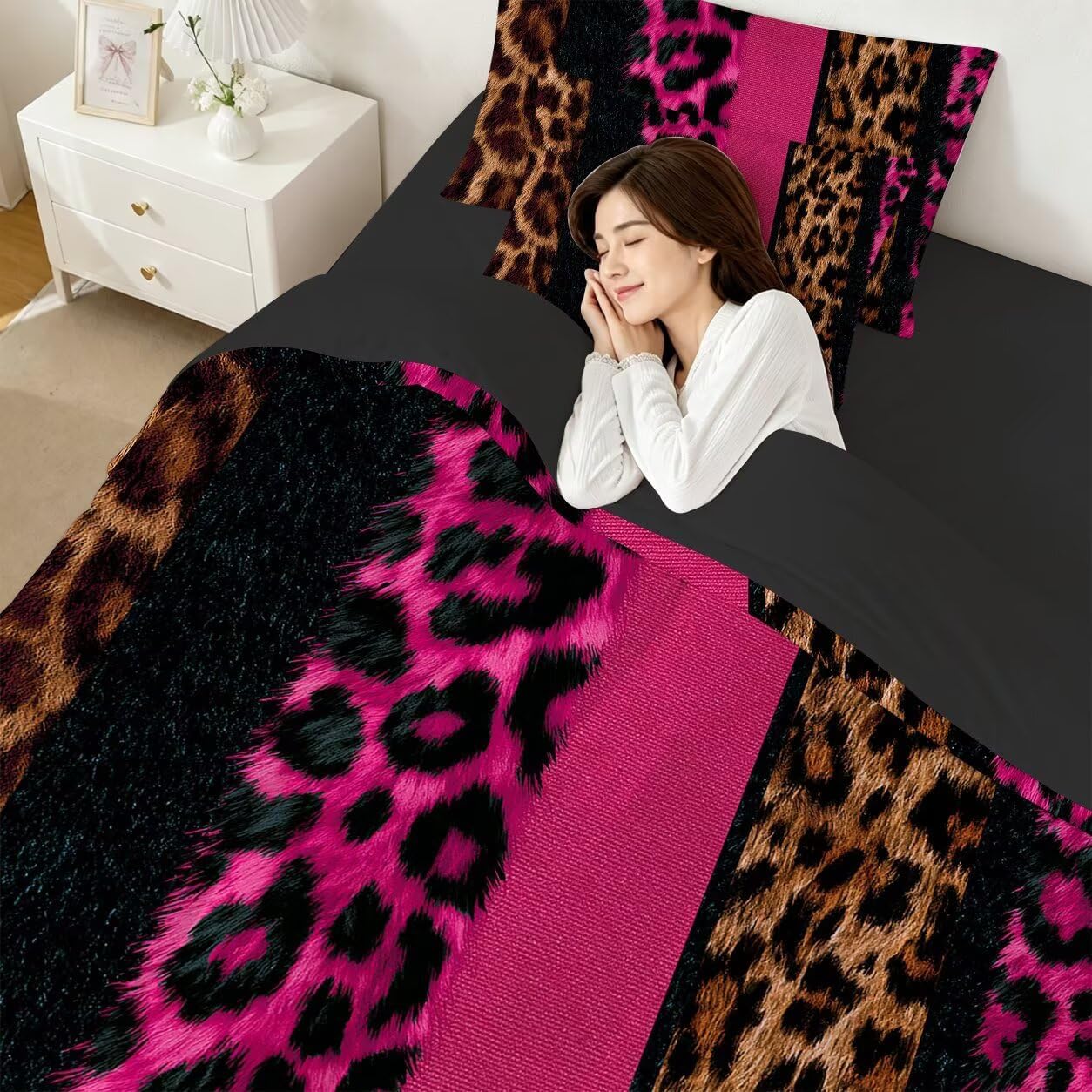 FUYEUN Juego de edredón con estampado de leopardo rosa fuerte tamañ...