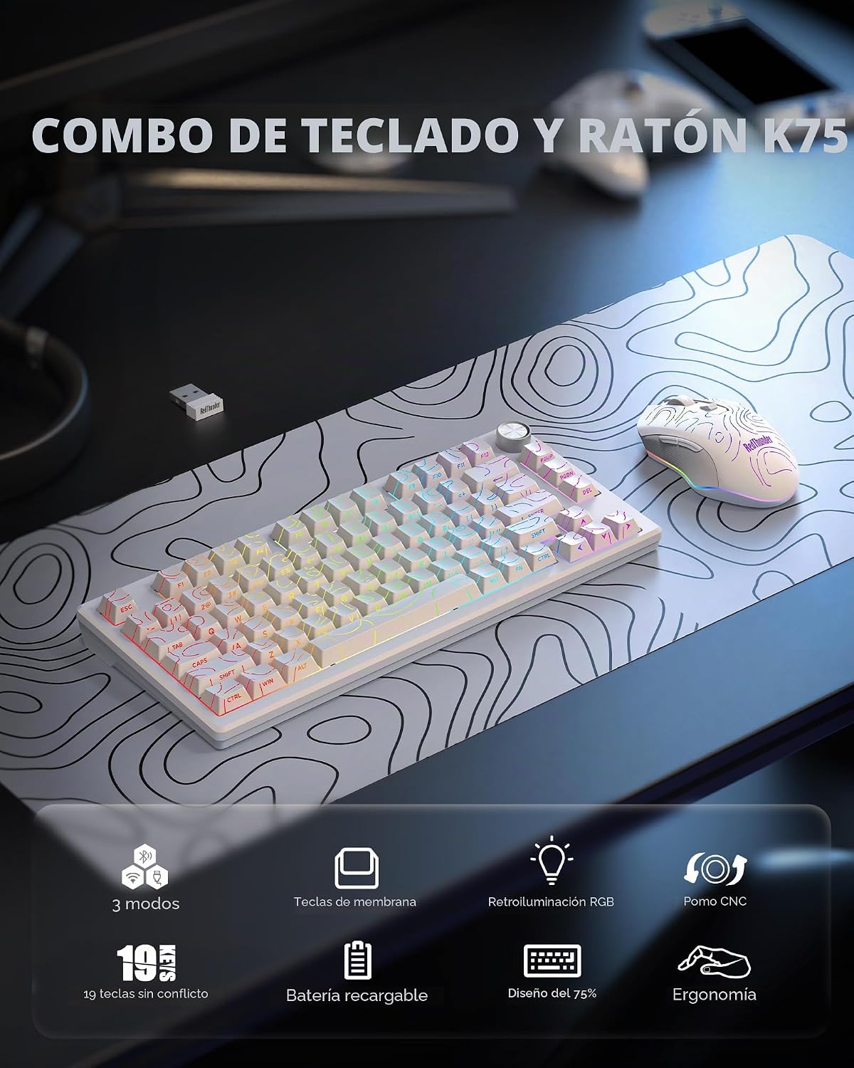 RedThunder K75 Combo de teclado y mouse inalámbricos, teclado graba...