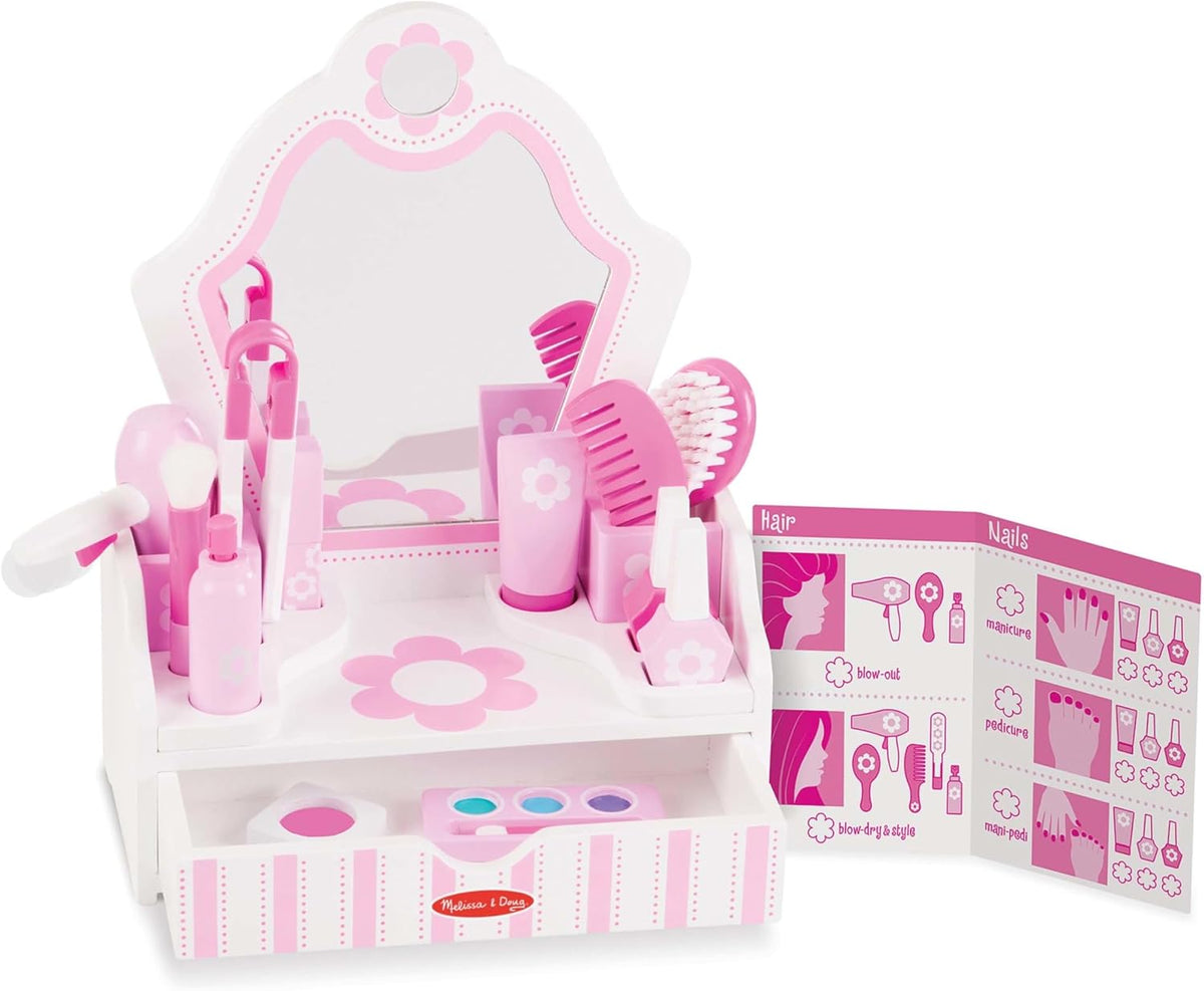 Melissa &amp; Doug Juego de madera para salón de belleza, tocador d...