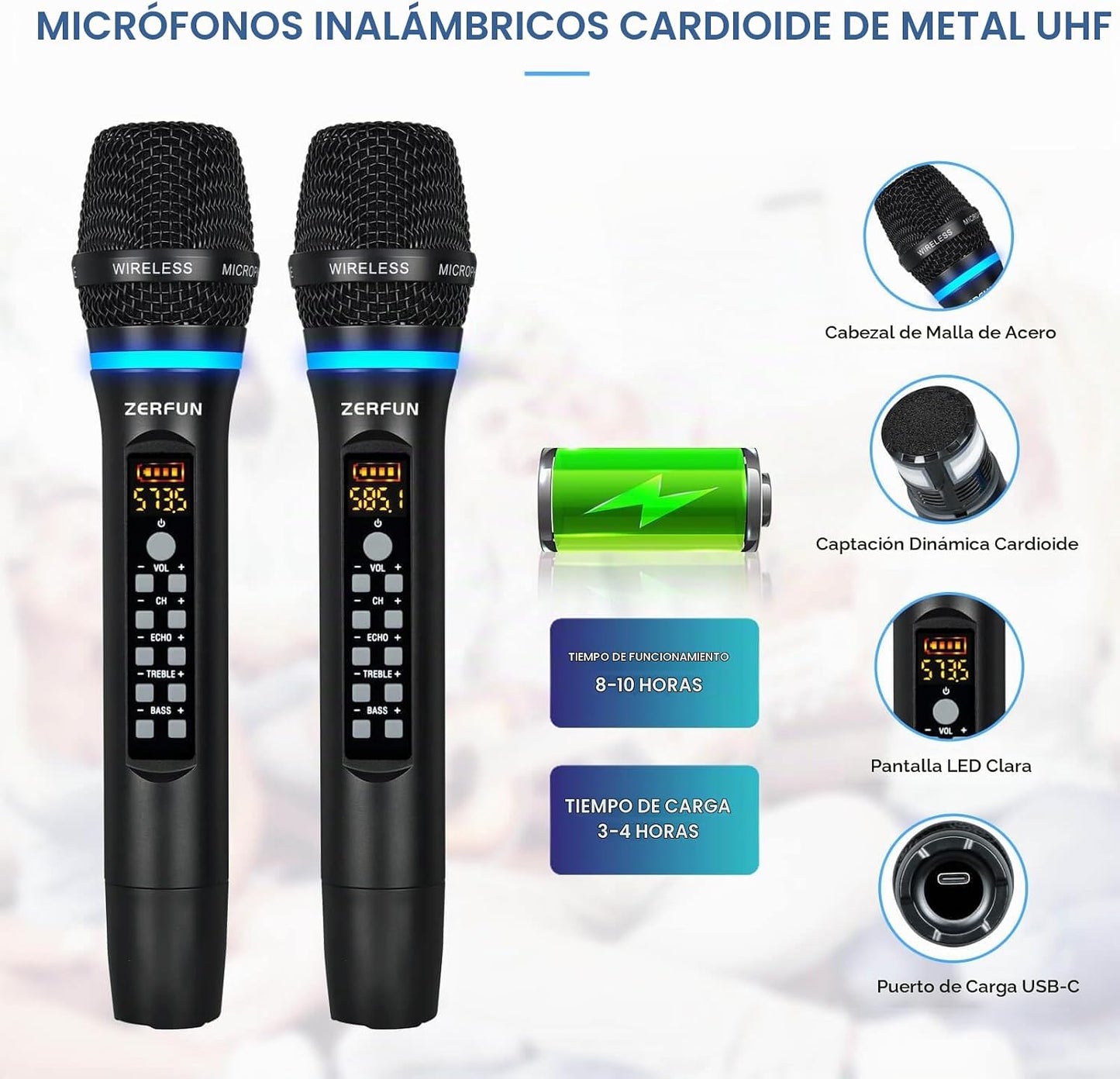 ZERFUN Micrófonos inalámbricos duales recargables, sistema de micró...
