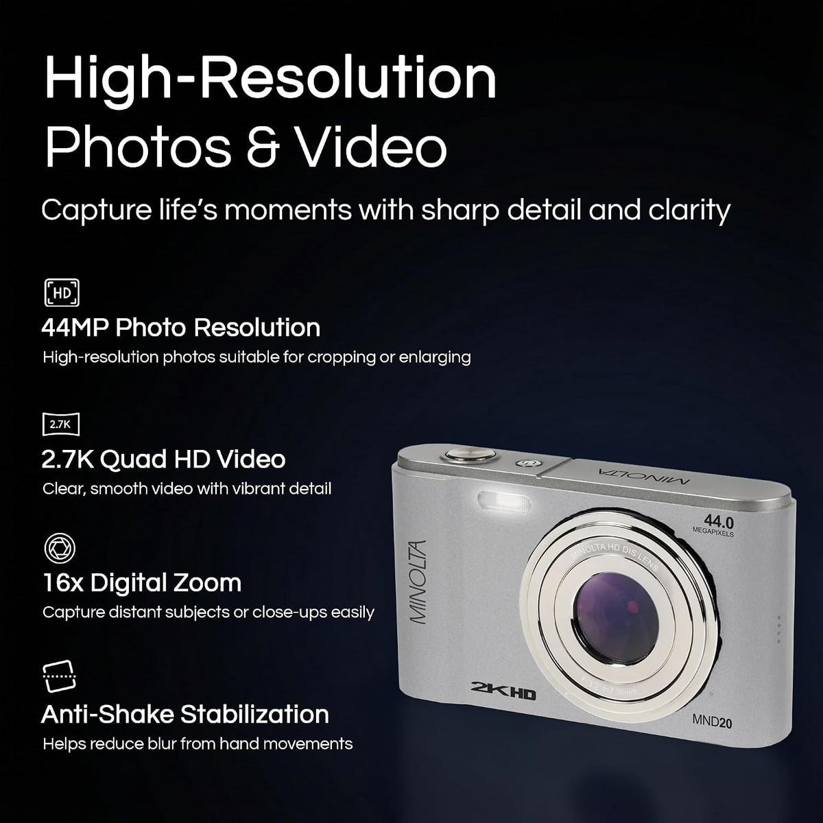 Minolta MND20 Cámara digital de 44 MP, video de 2.7K, zoom 16X (pla...