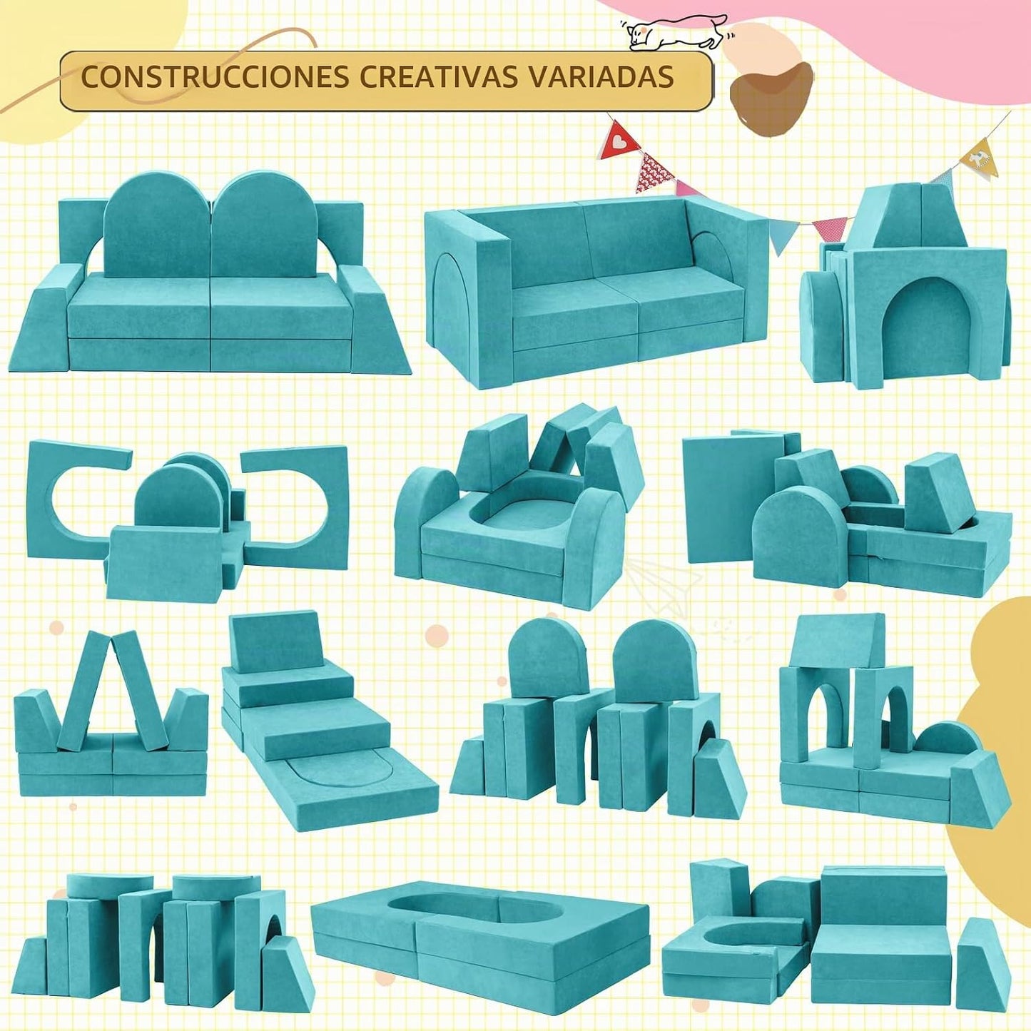 Fvkind Sofá de juego para niños de 10 piezas, sofá modular para niñ...
