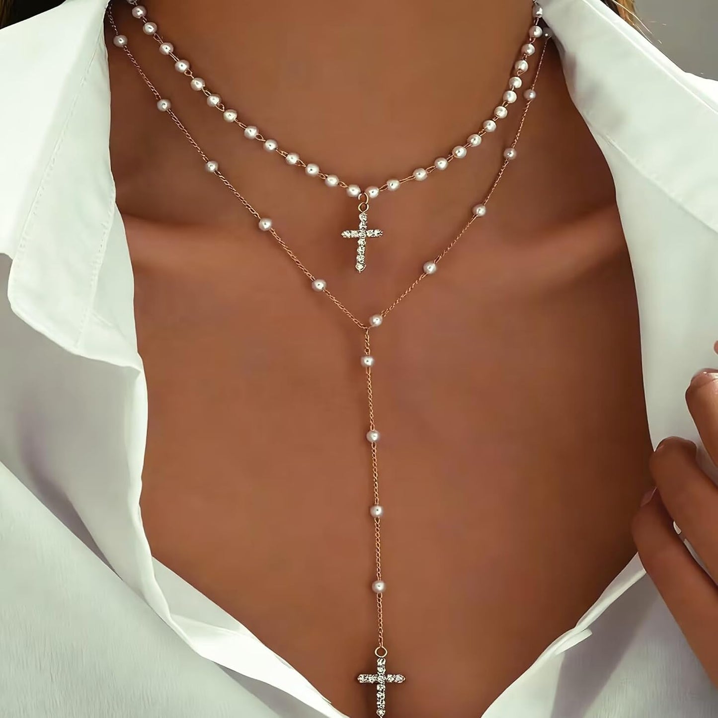 4 piezas de collares de cruz dorados en capas para mujer, modernos,...