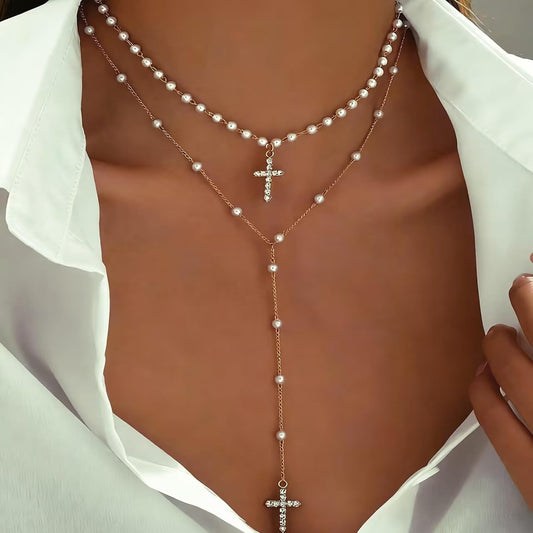 4 piezas de collares de cruz dorados en capas para mujer, modernos,...