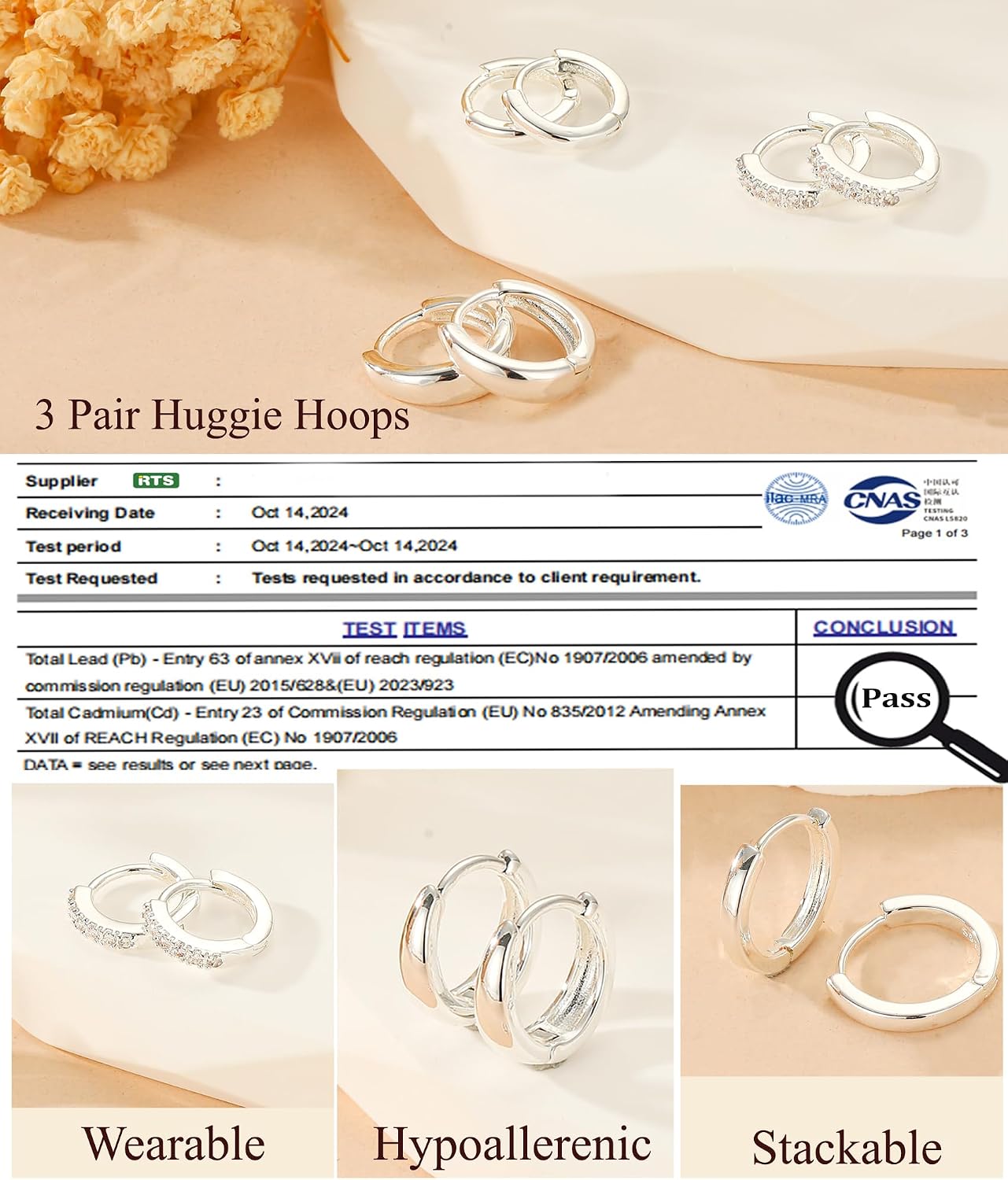 DORANA Joyería para ella, 3 pares de aretes de plata de ley 925 par...