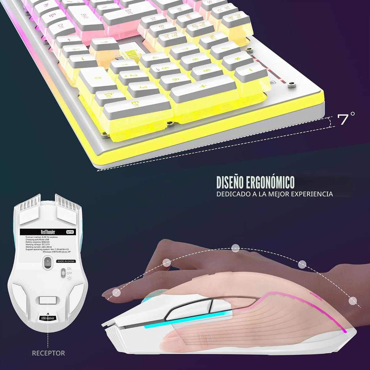RedThunder K10 - Combo de teclado y mouse inalámbricos para juegos,...