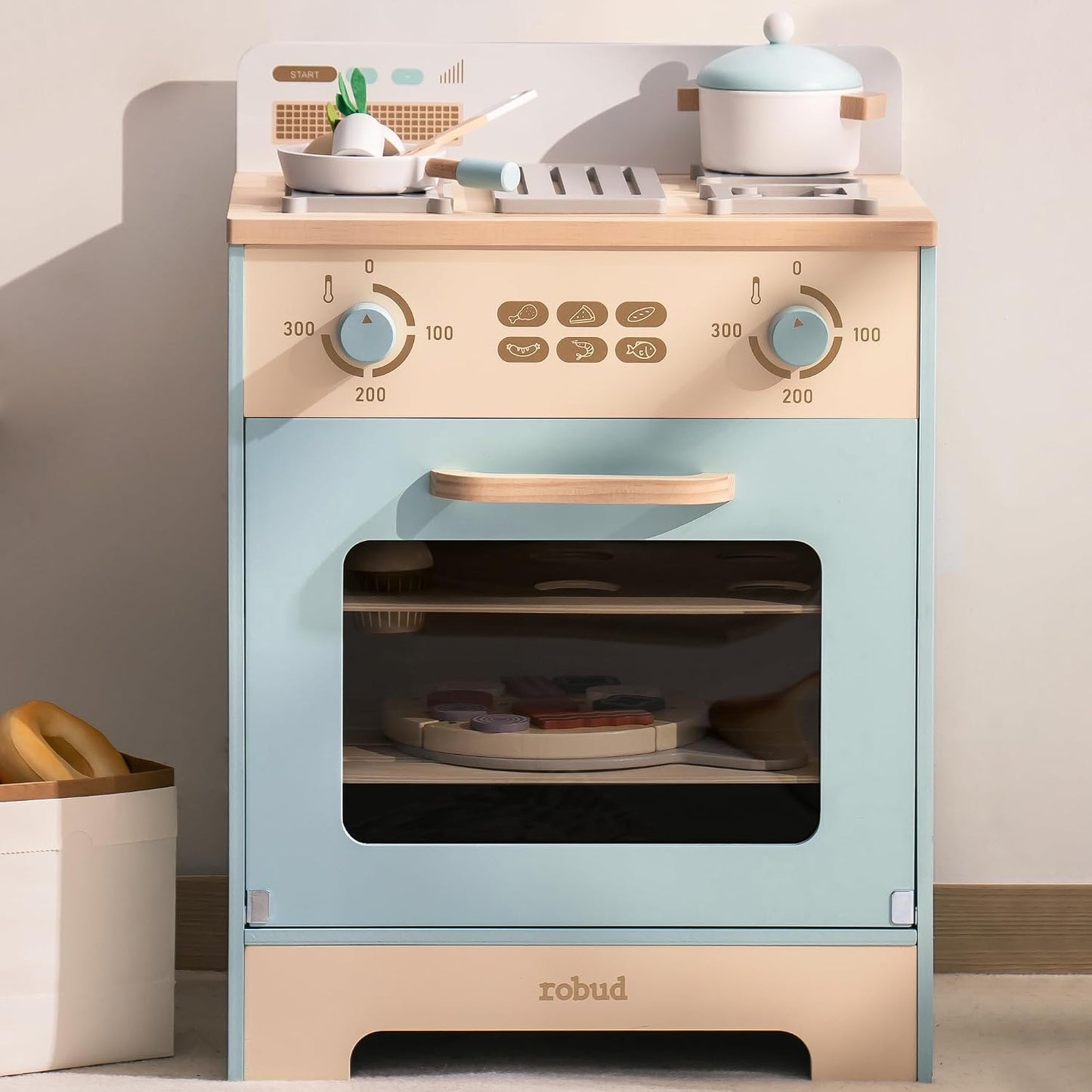 ROBUD Horno de madera para niños, juego de cocina de madera realist...
