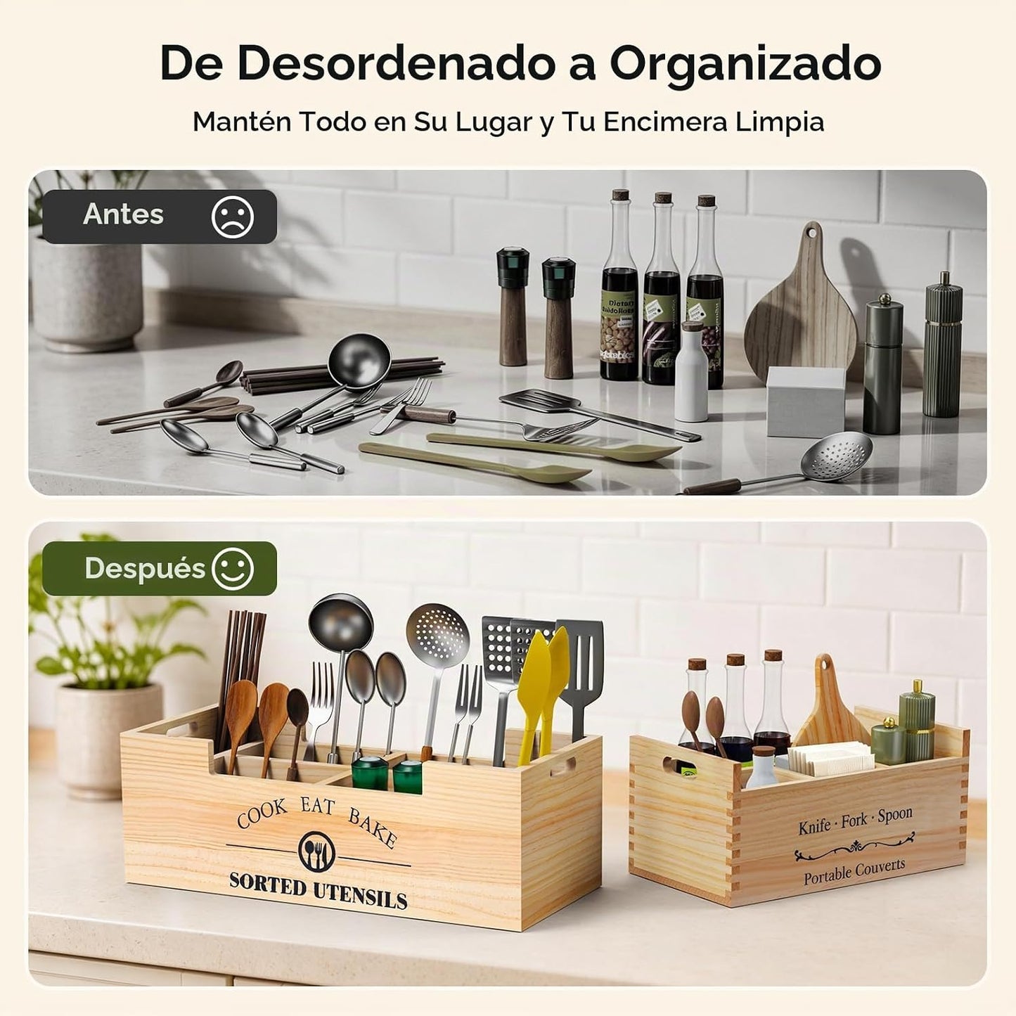 FOXHIVE Soporte extra grande para utensilios, 2 en 1, de madera de...