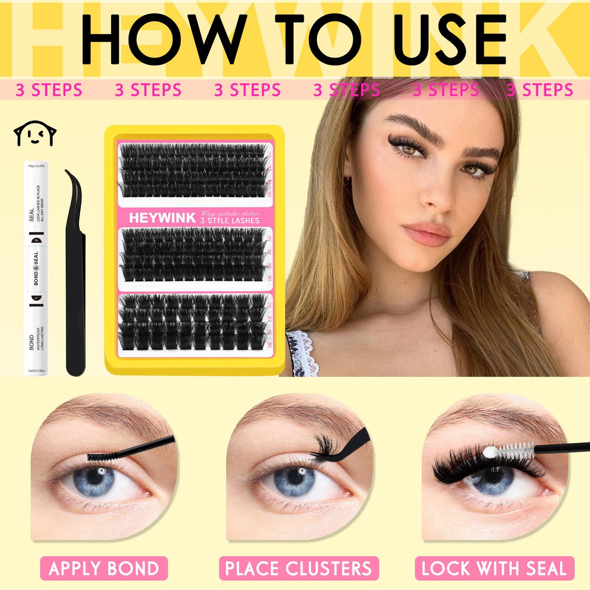 HEYWINK Kit de racimos de pestañas 60D 80D 100D Extensiones de pest...