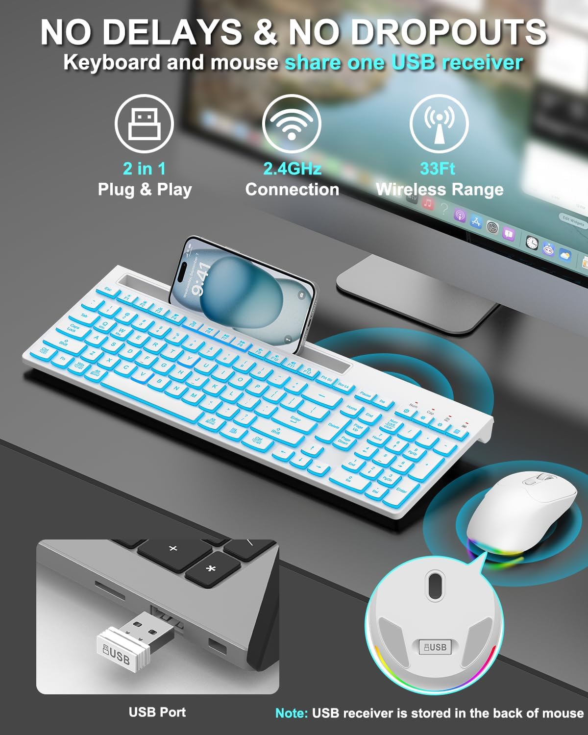 Combo de teclado y mouse inalámbricos, 7 efectos retroiluminados, l...