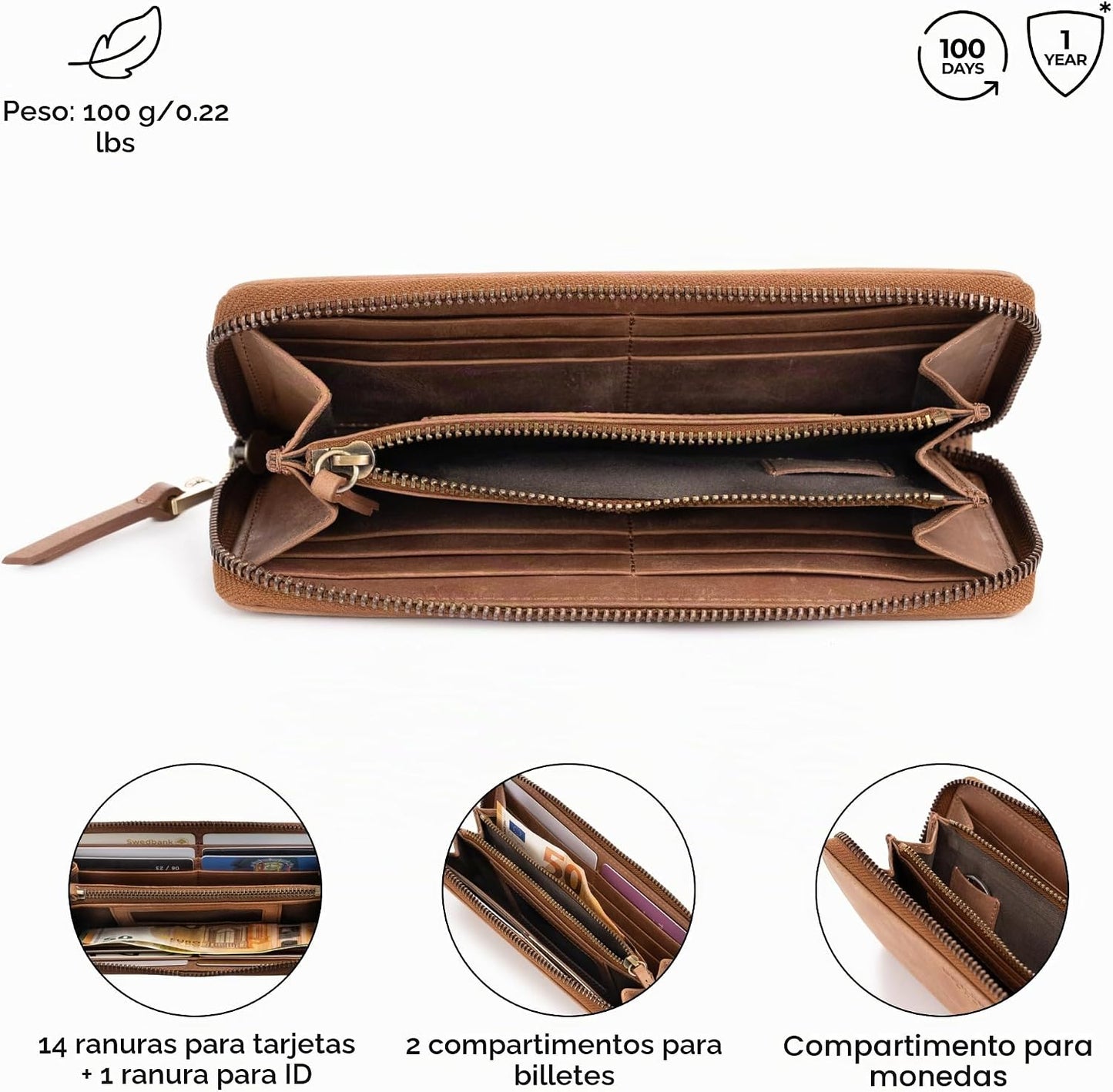 BERLINER BAGS Cartera con cremallera de cuero genuino Palma, caja d...