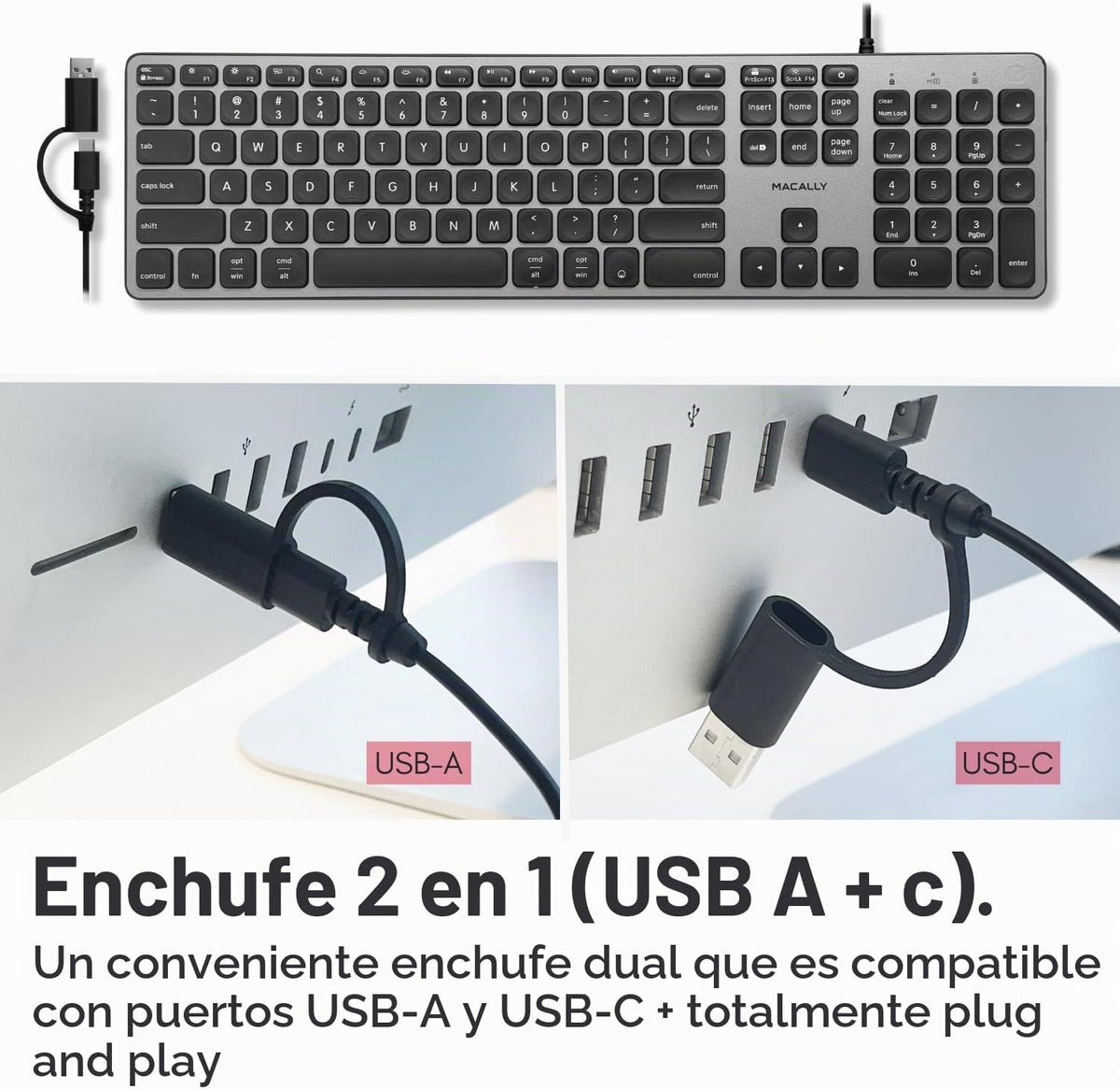 Teclado con cable Macally para Mac con Hub USB (2X USB-A \/ 1x USB-...