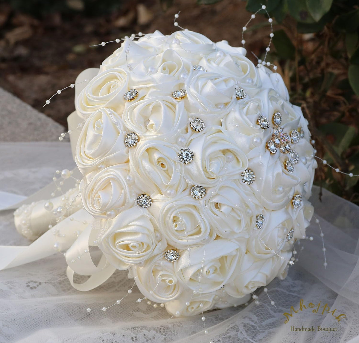 Mhojpik Ramo de Novia para Boda Redondo con Broche Brillante, Ramo...