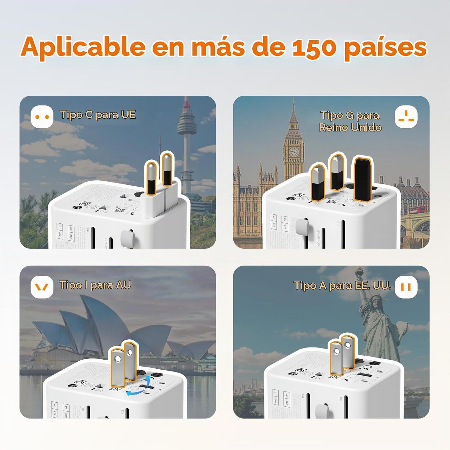 Adaptador universal de viaje TESSAN, adaptador de corriente en todo...