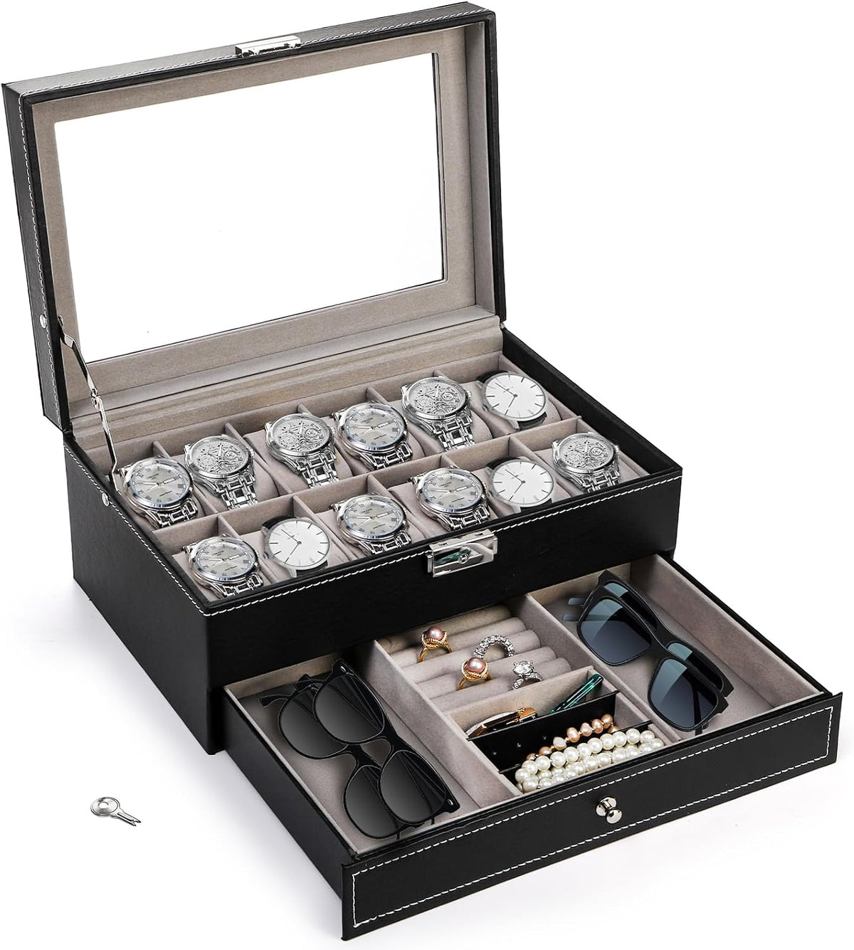 Tebery Caja de reloj de 12 ranuras con tapa de cristal, 2 capas de...