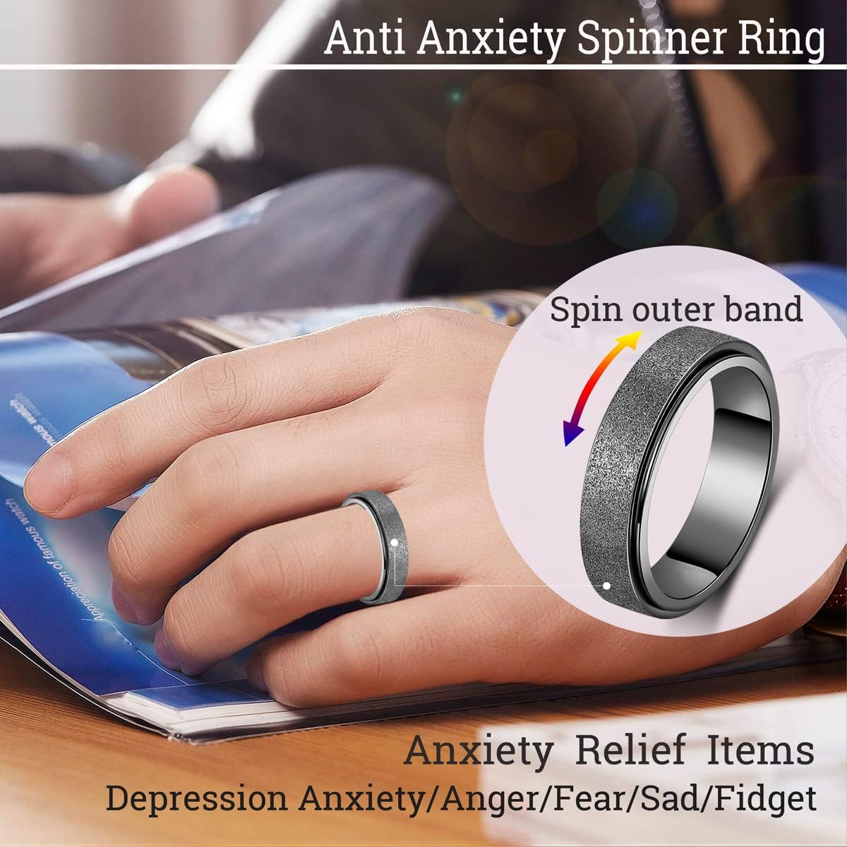 OreilleStar Anillo de ansiedad para mujer, anillo giratorio para an...