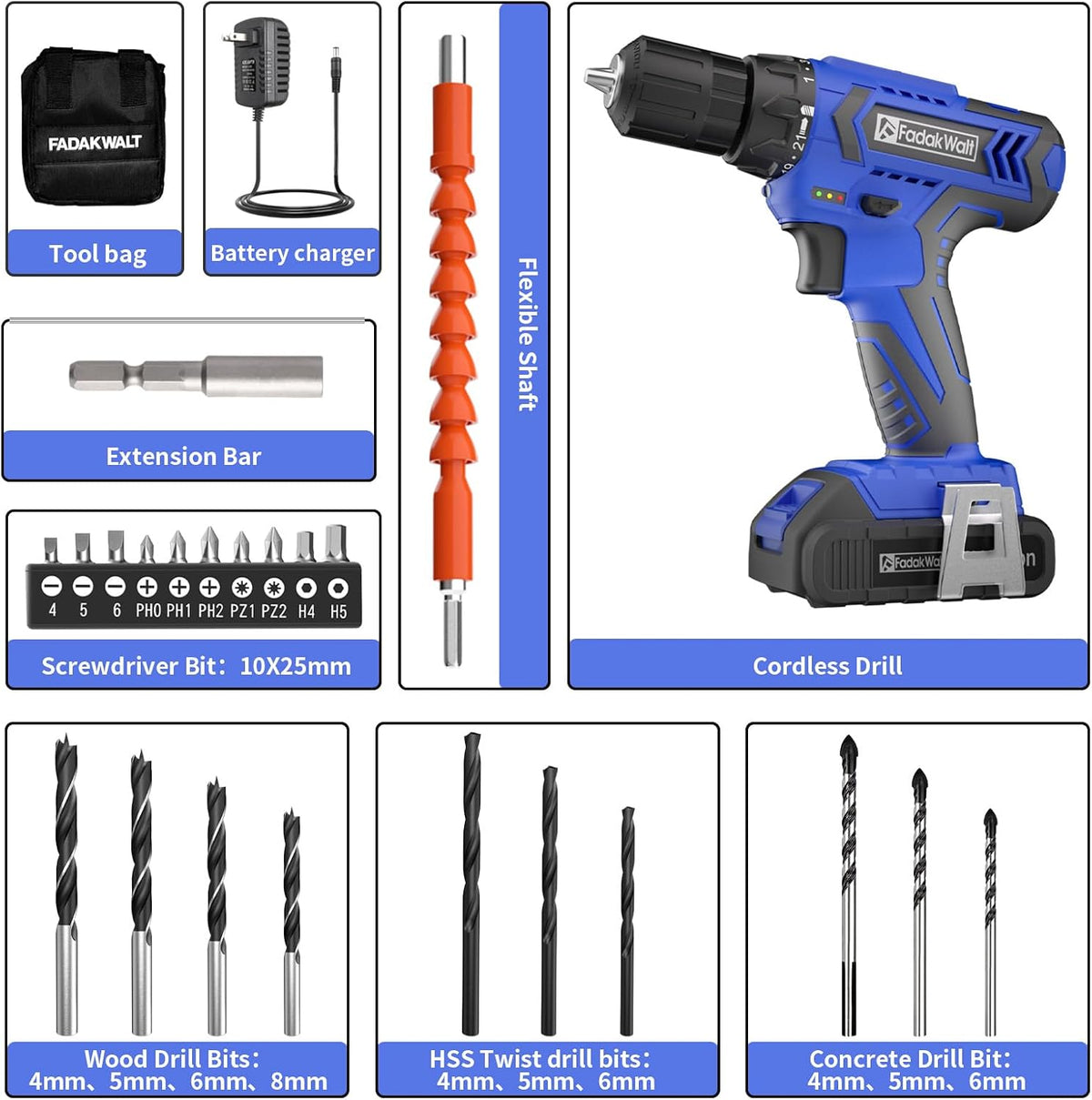 FADAKWALT Juego de taladro inalámbrico de 20V MAX, kit de taladro e...