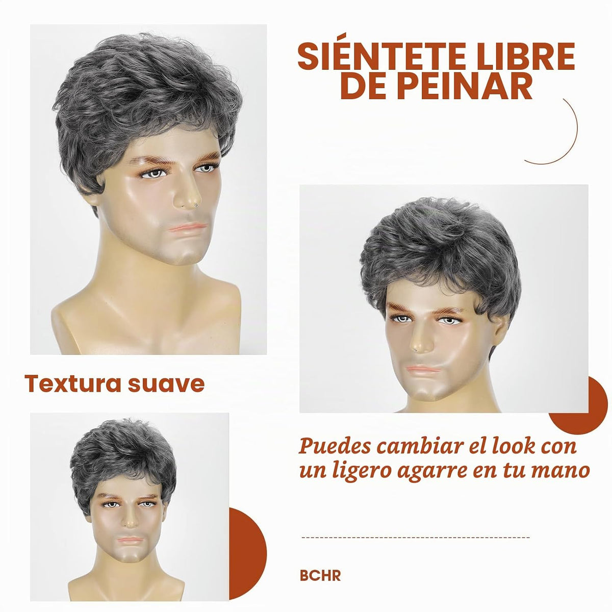 BCHR Peluca corta gris oscuro para hombre, peluca de cabello sintét...