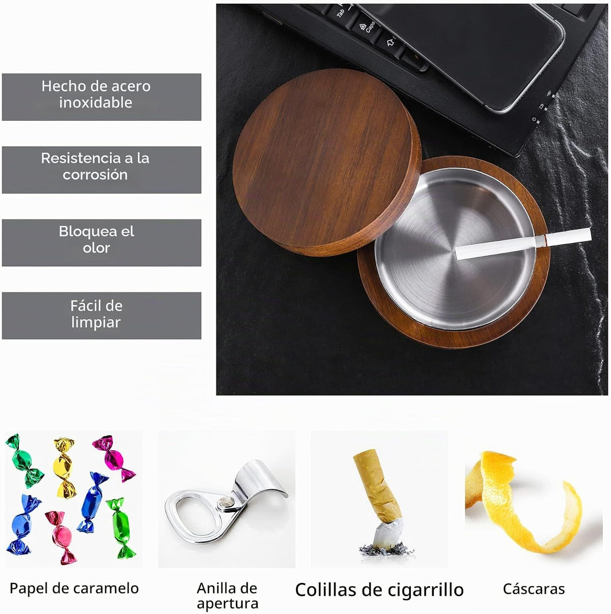 Cenicero de madera con tapa para fumadores, forro de acero inoxidab...