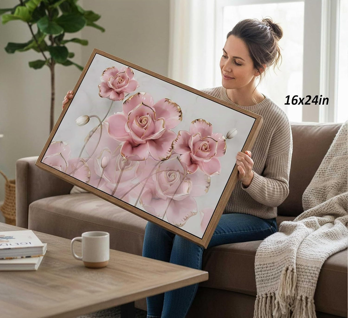 Lienzo enmarcado moderno y delicado de rosas de oro rosa, arte de p...