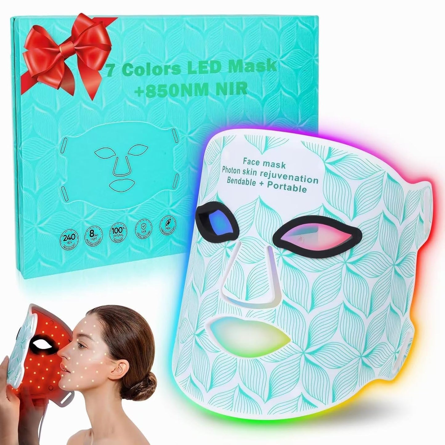 biuufish Terapia de luz roja para cara, 8 colores LED máscara facia...