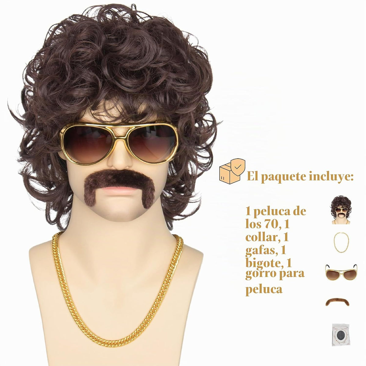 Miss U Hair - Peluca de discoteca marrón de los años 70 con gafas,...