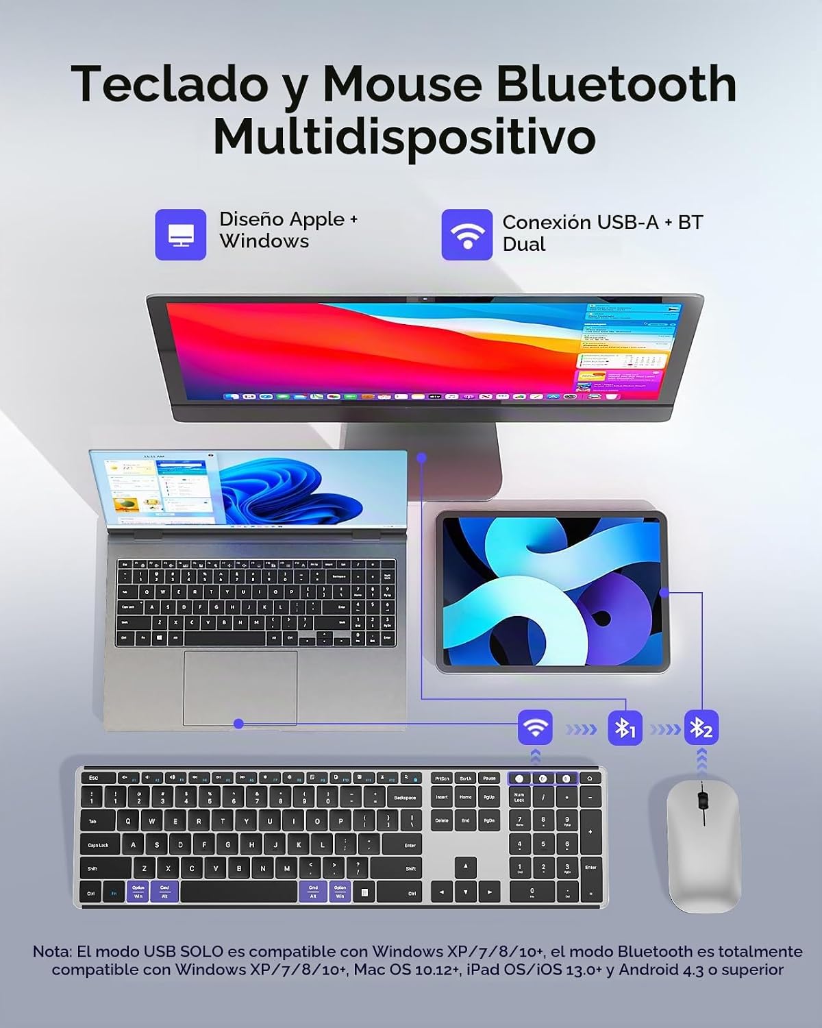 seenda SKM64-3 Combo de teclado inalámbrico Bluetooth y mouse para...
