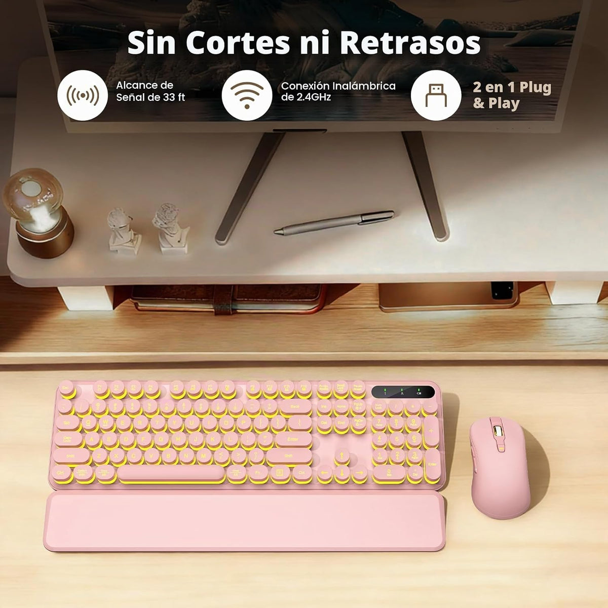Combo de teclado y mouse inalámbricos, teclas redondas retroilumina...